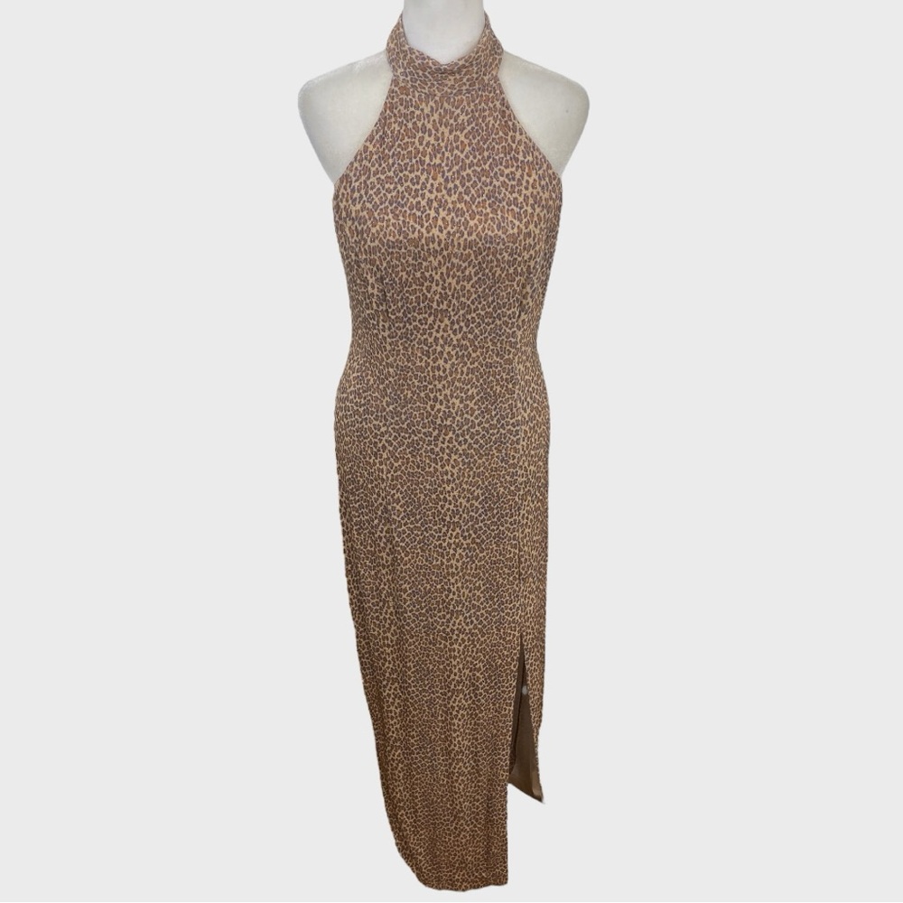 Vintage Dave & Johnny Tan Black Glitter Leopard Print Halter Dress Size Small